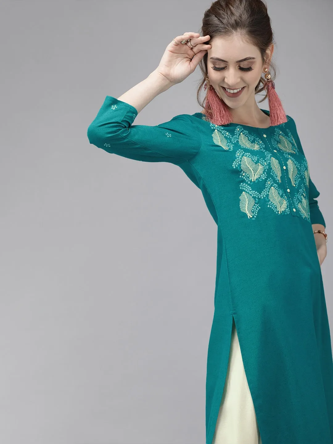 Women Turquoise Blue & Cream Kurta Set