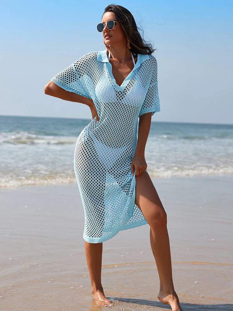 Women V Neck Hollow Out Crochet  Knit Cover Up Beach Swimwear Dress