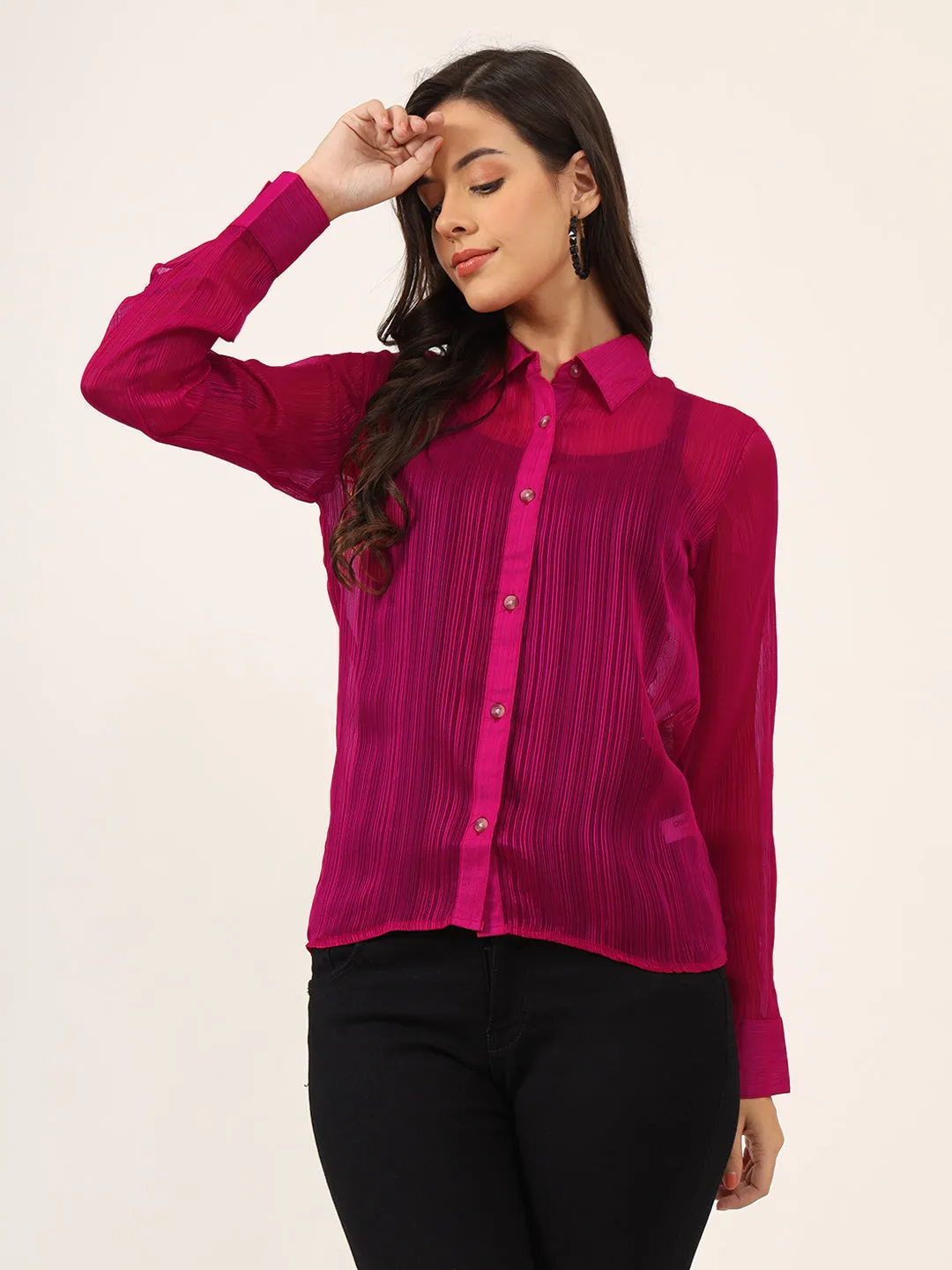 Women Vertical Stripes Semi Sheer Pink Shirt