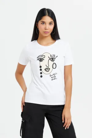 Women White Abstract Illustration T-Shirt