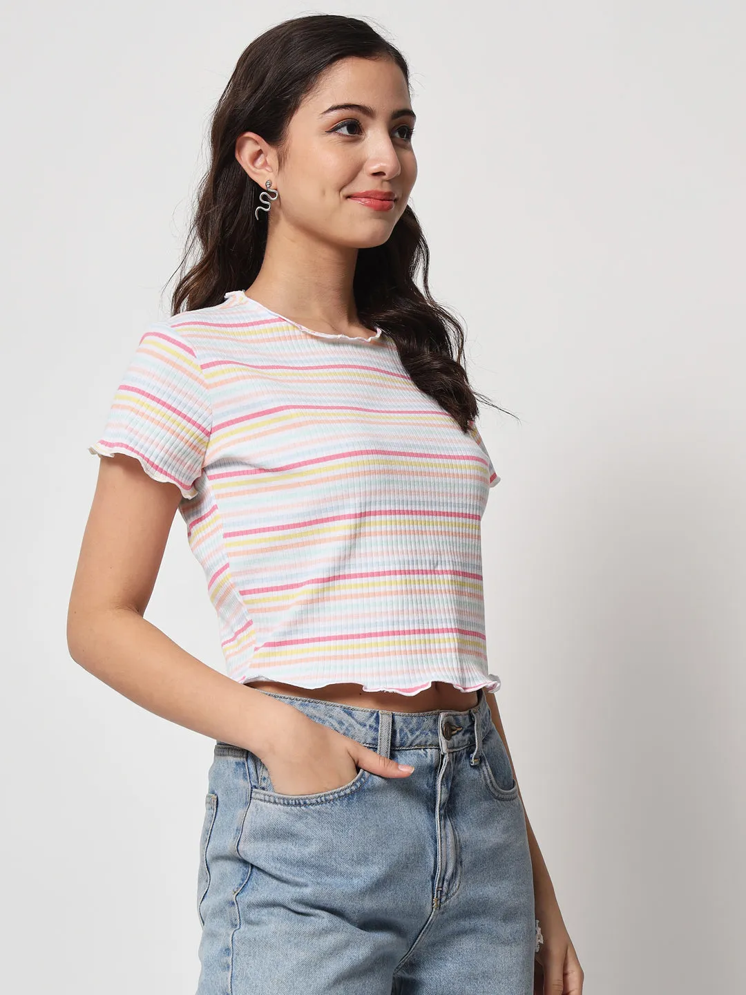 Women White & Yellow Striped Organic Cotton Crop Top