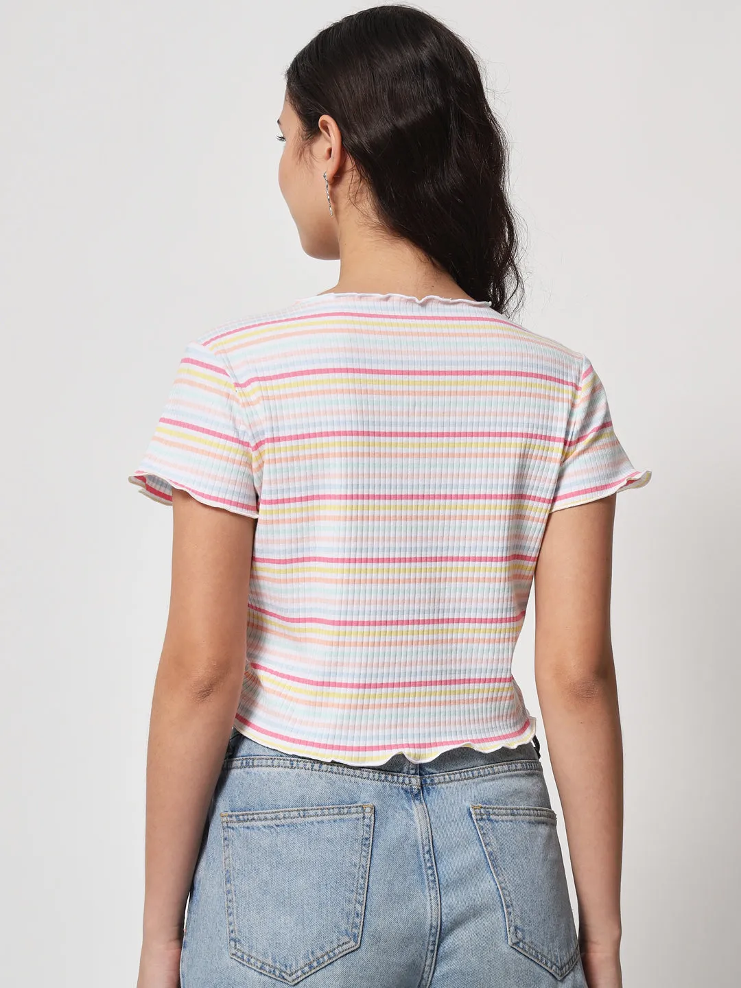 Women White & Yellow Striped Organic Cotton Crop Top