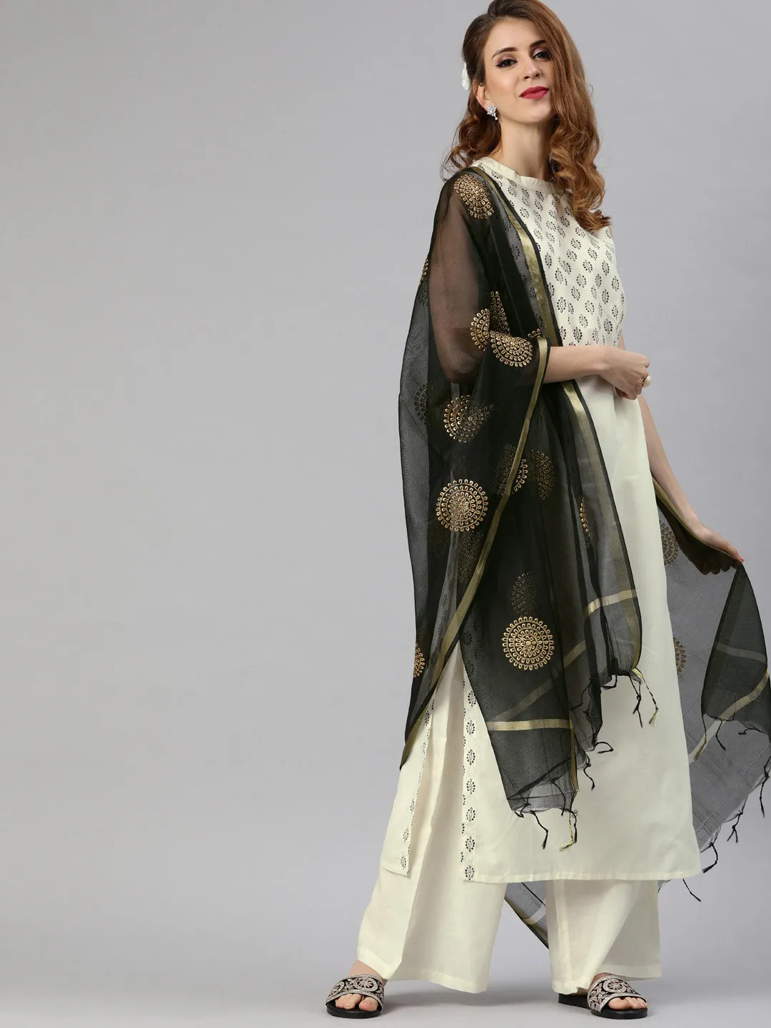 Women White And Black Printed Kurta With Palazzos And Dupatta