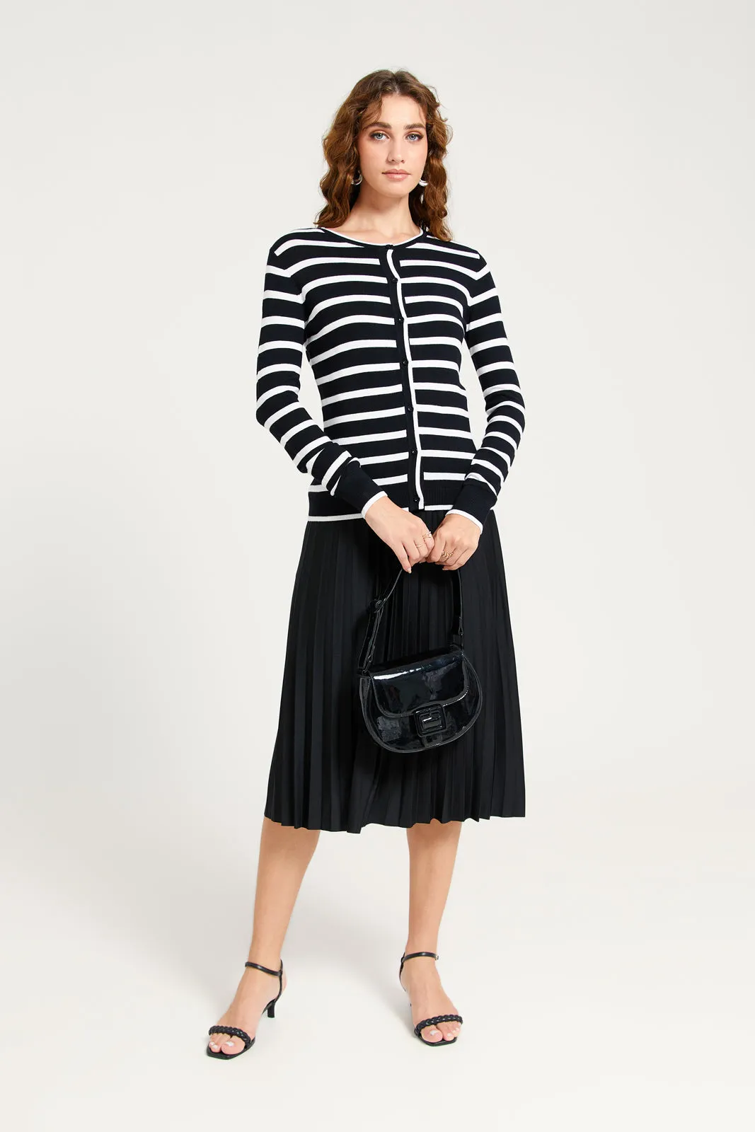 Women White And Black Striped Cardigan