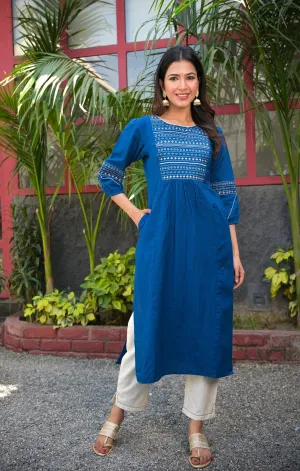 Women White And Blue Embroidered Kurta Set