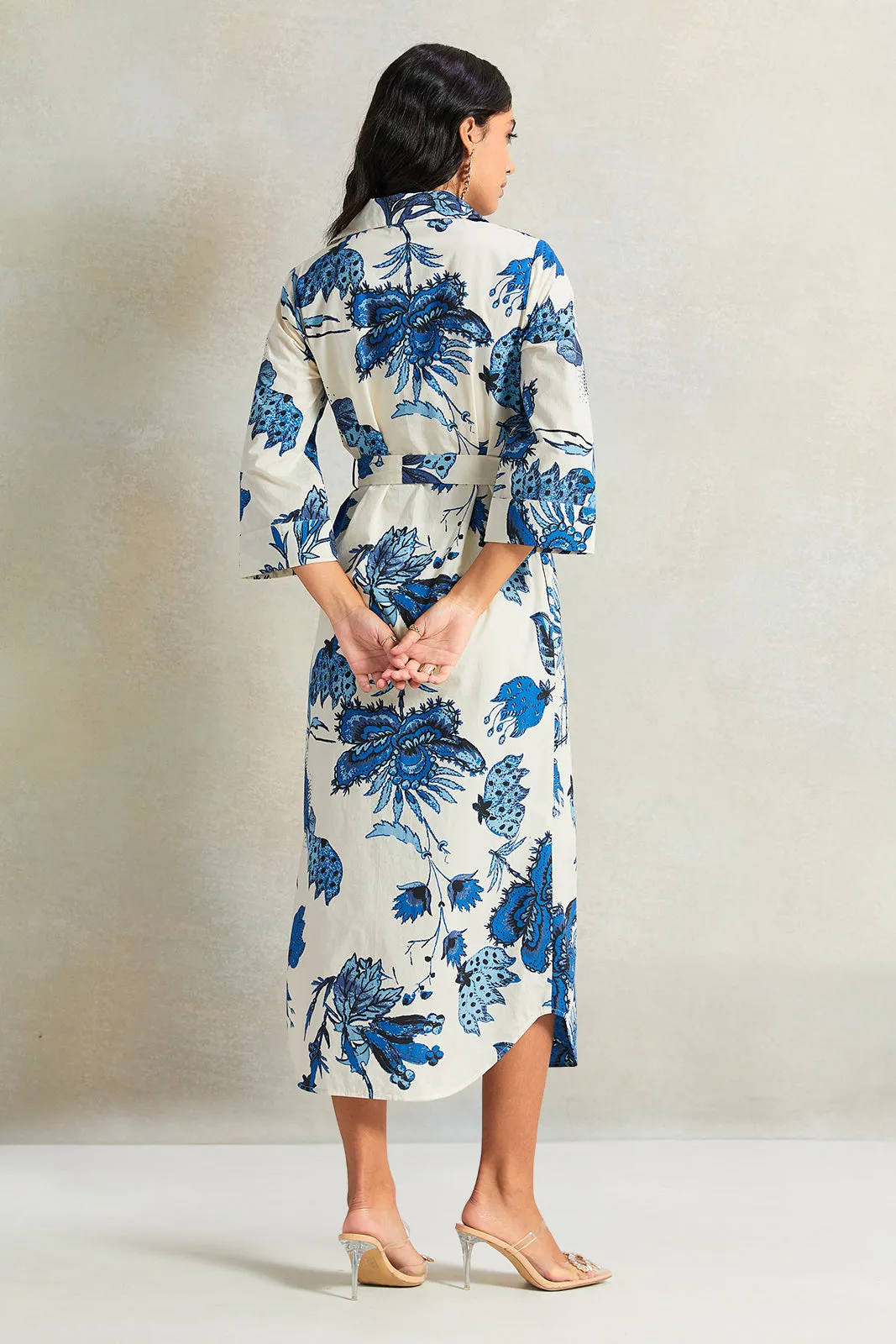 Women White And Blue Floral Printed Dress