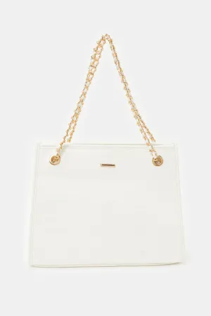 Women White Embellished Soft Tote Bag