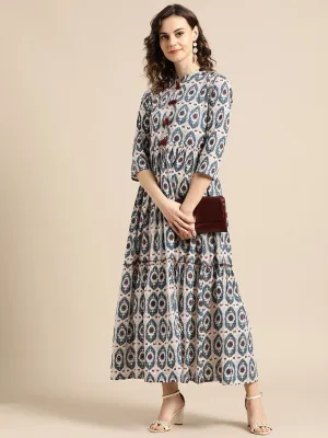 Women White Ethnic Motifs Printed Mandarin Collar Cotton Fit And Flare Dress