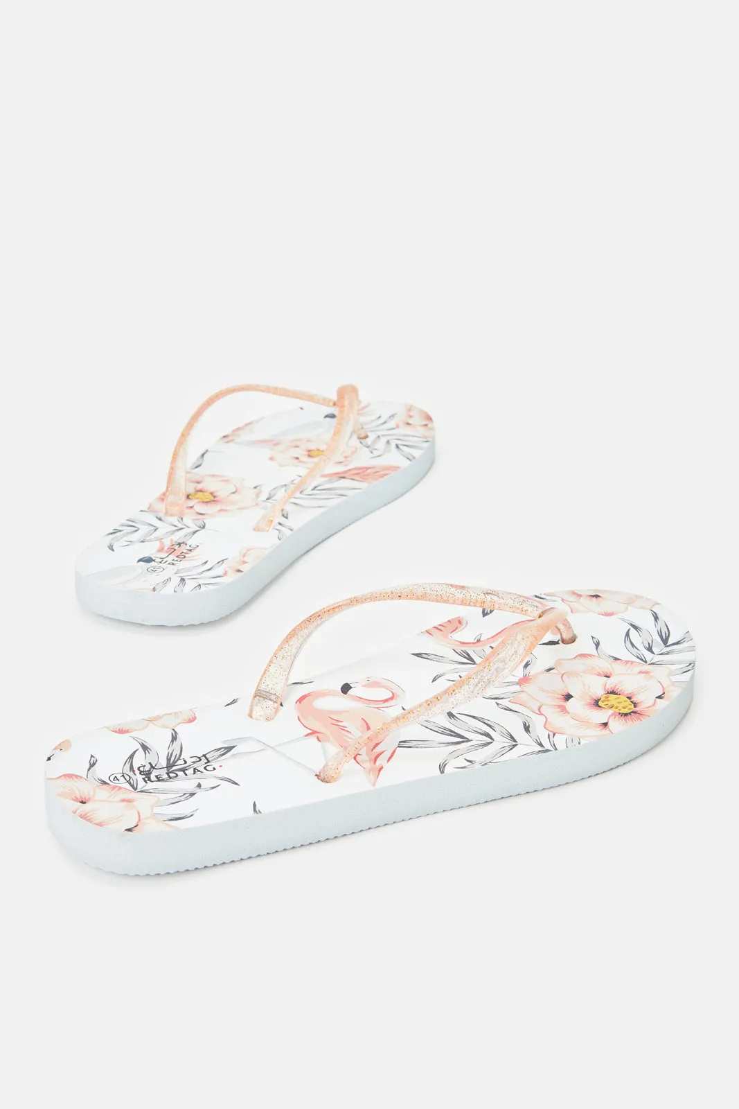 Women White Flamingo Print Flip Flop