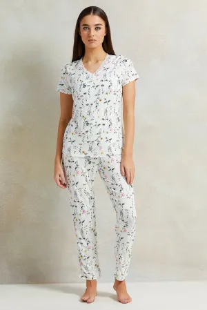 Women White Floral Printed Pyjama Set (2 Piece)