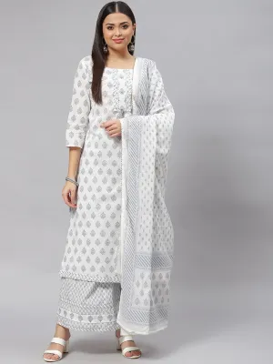 Women White Floral Straight Kurta Palazoo Set With Dupatta