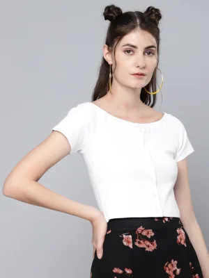 Women White Front Button Bardot Rib Crop Top