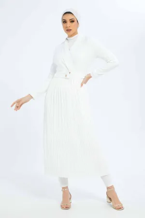 Women White Front Detailed Belted Dress