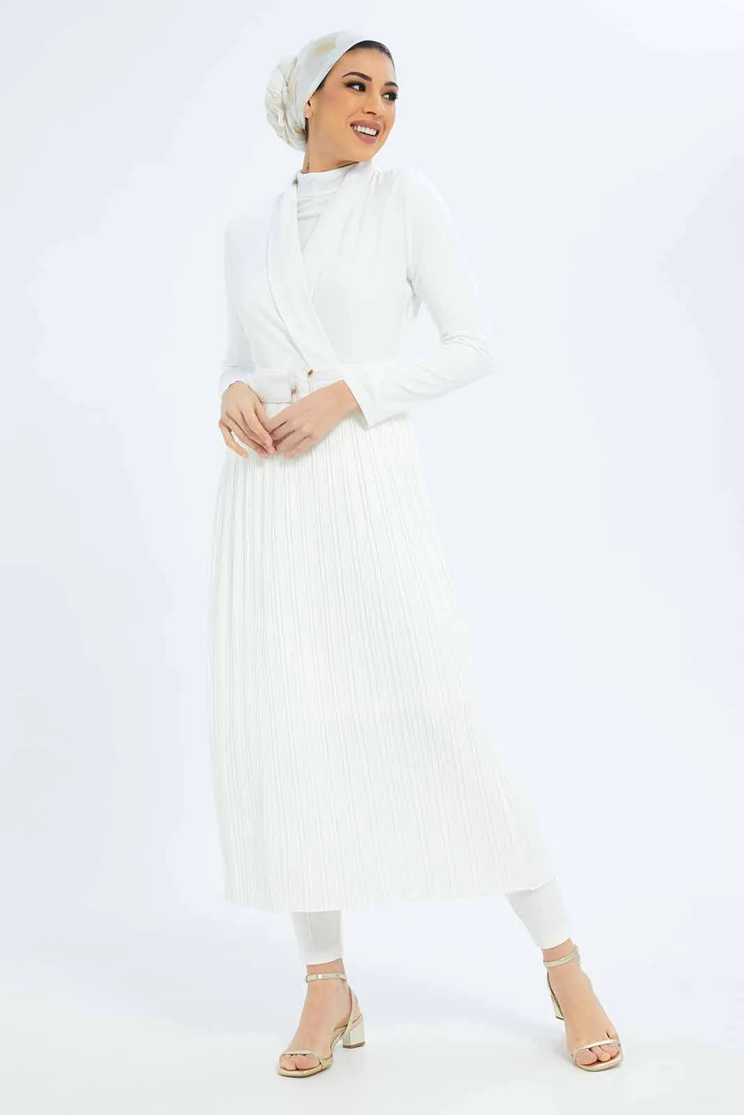 Women White Front Detailed Belted Dress