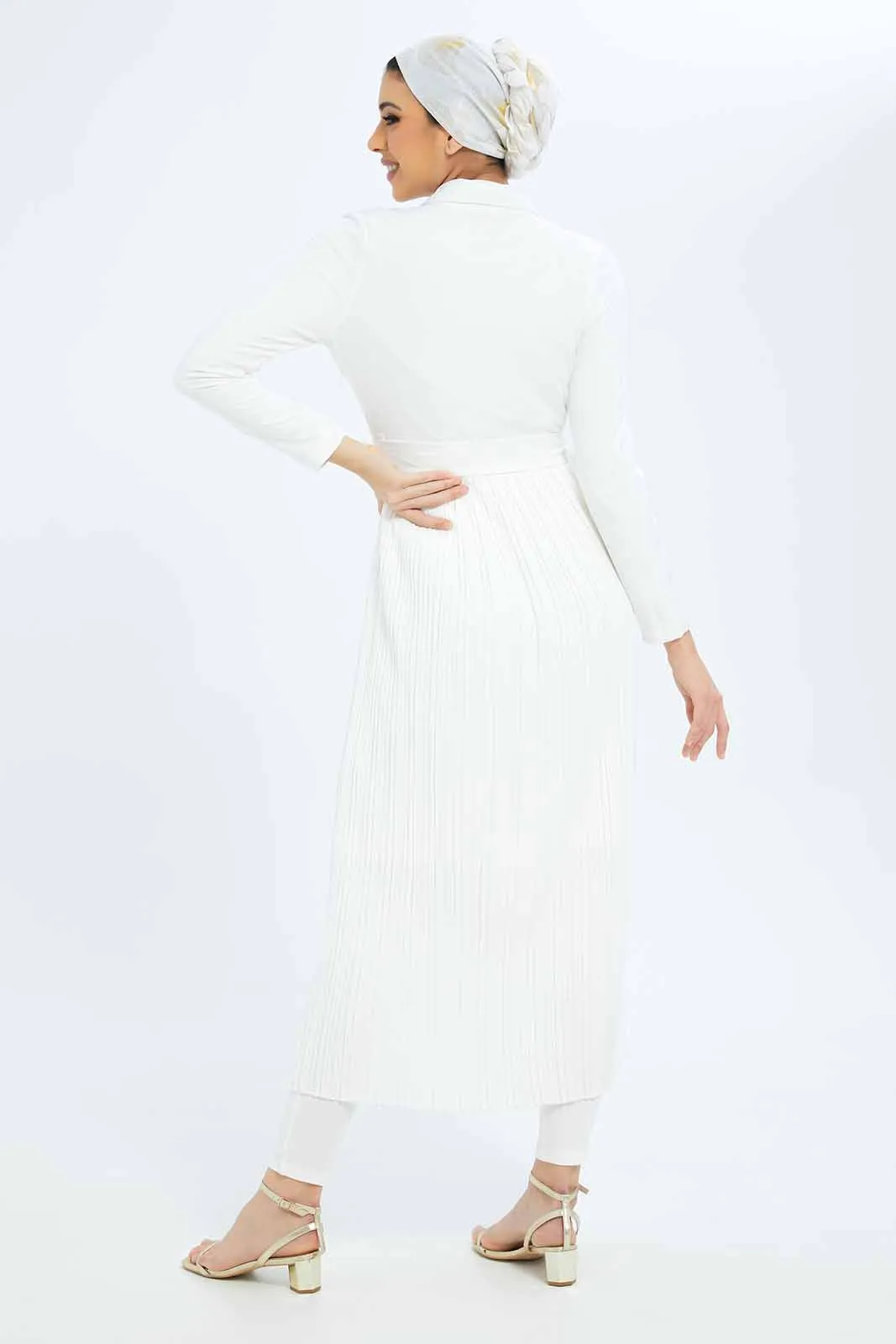 Women White Front Detailed Belted Dress