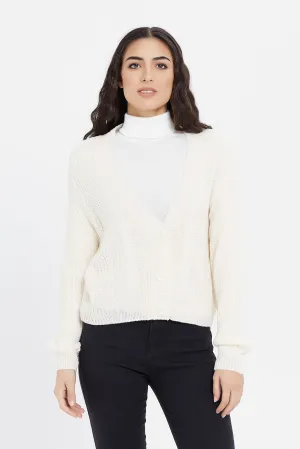 Women White Knitted Cropped Cardigan