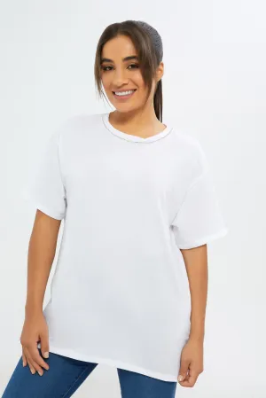 Women White Neck Embellishments T-Shirt