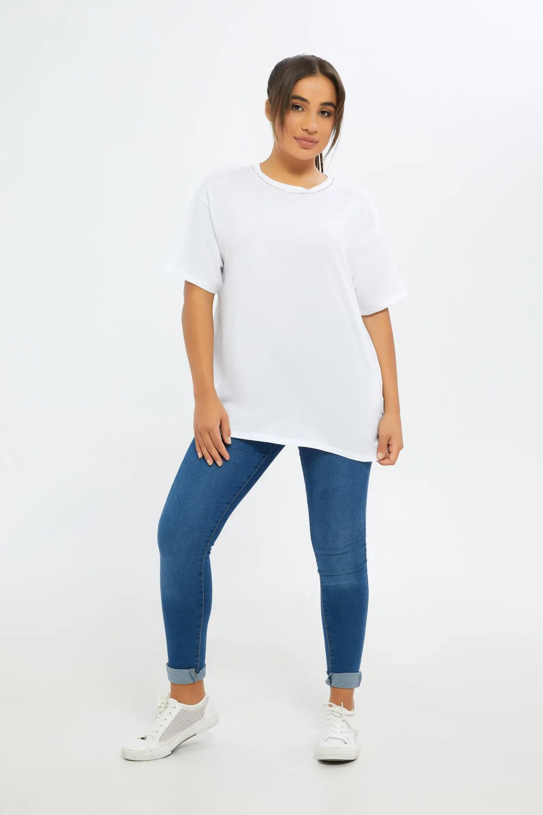 Women White Neck Embellishments T-Shirt