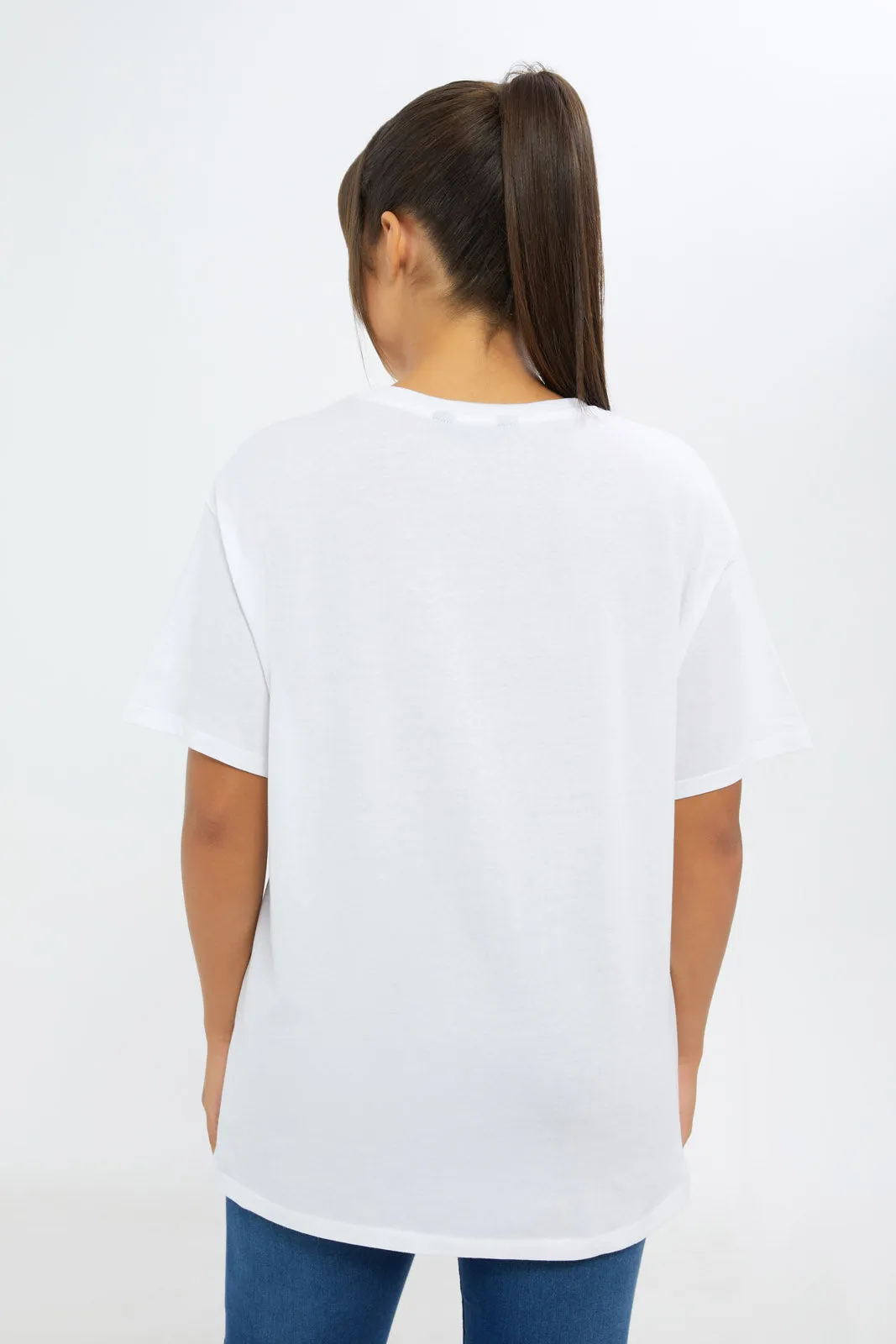 Women White Neck Embellishments T-Shirt