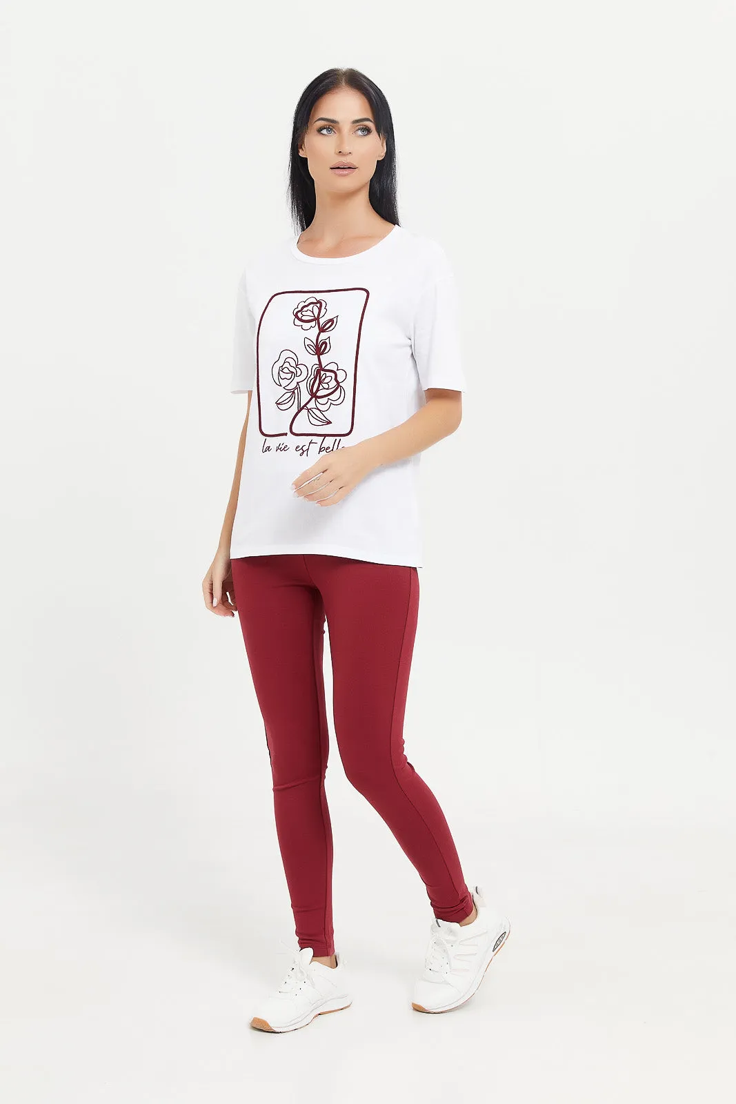 Women White Rose Print T-Shirt