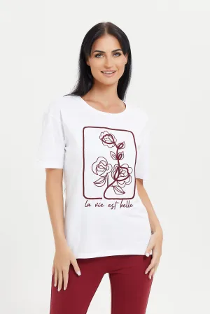 Women White Rose Print T-Shirt