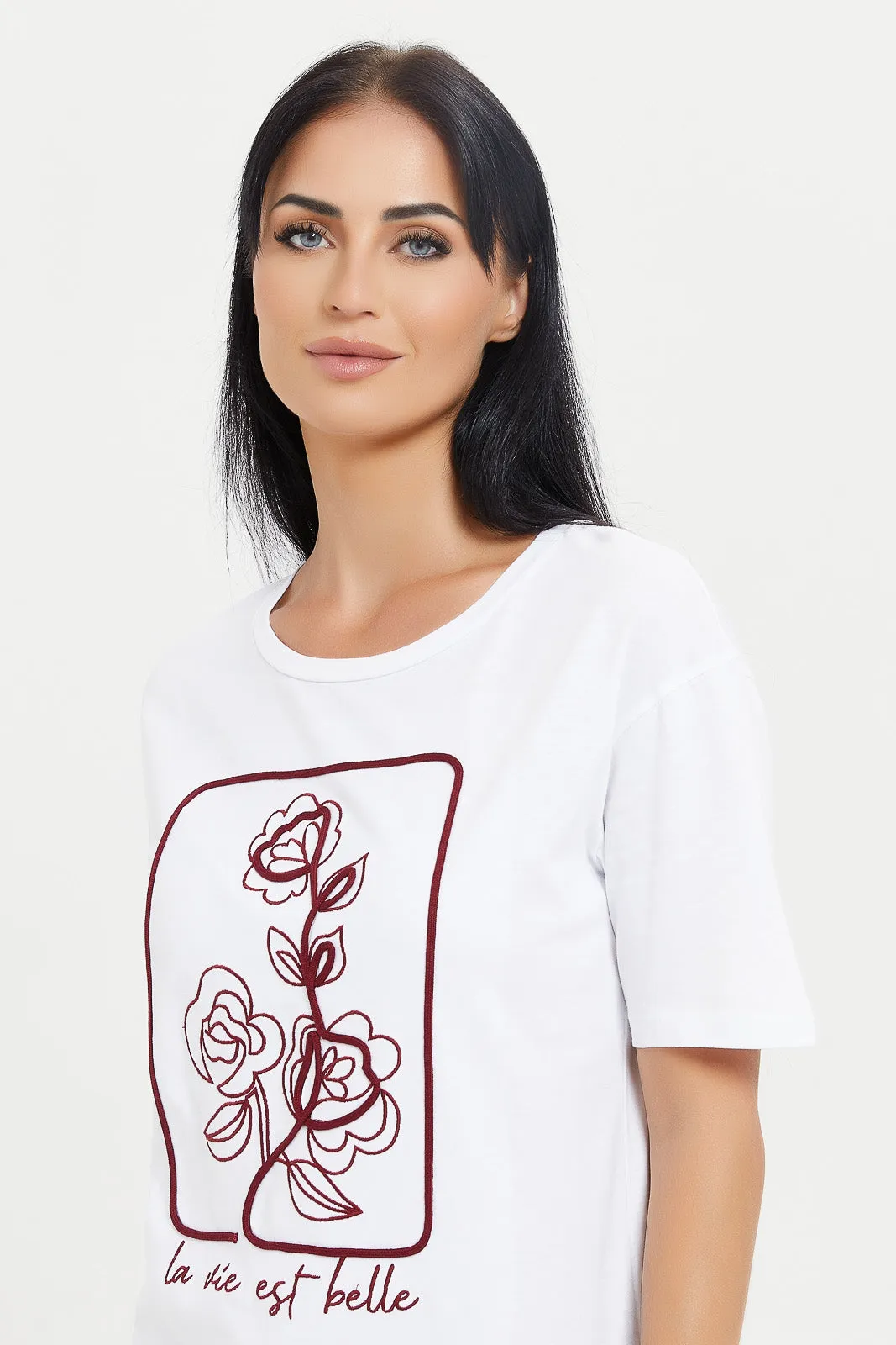 Women White Rose Print T-Shirt