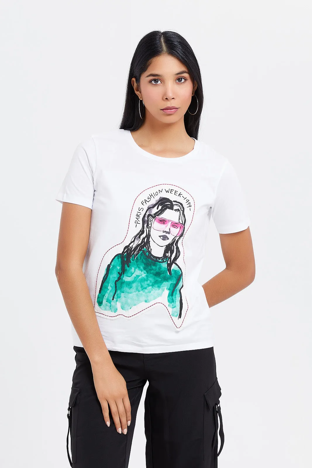 Women White Stitched Fashion T-Shirt