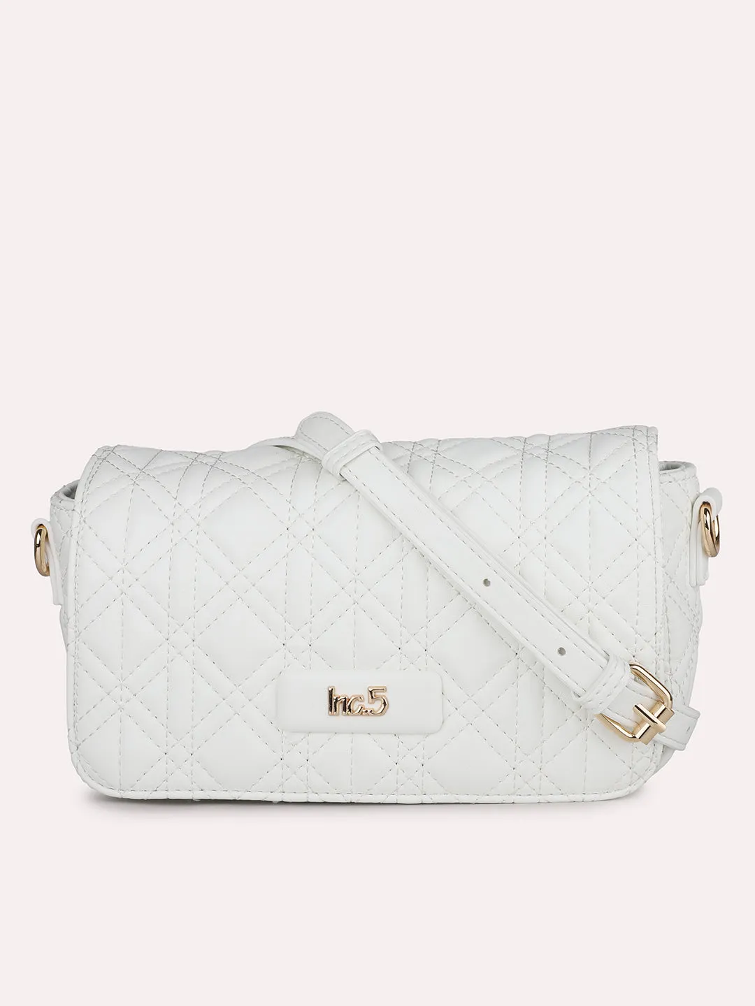 Women White Textured Structured Sling Bag With Quilted Detailing