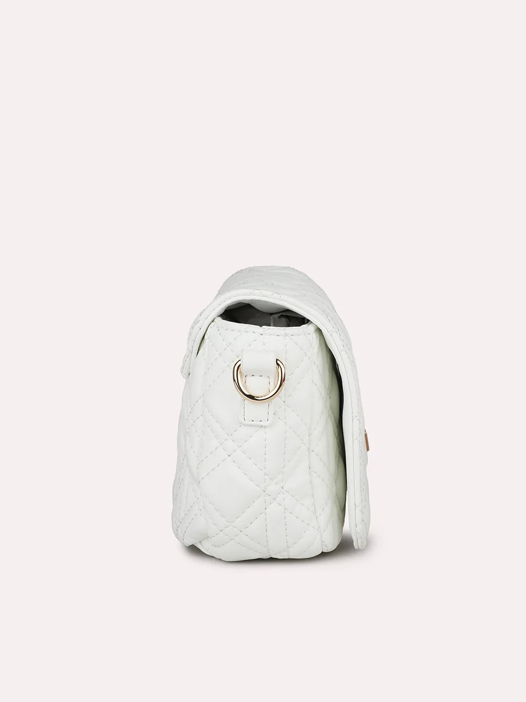 Women White Textured Structured Sling Bag With Quilted Detailing