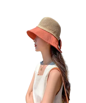 Women Wide Brim Hat Hollow Breathable Summer Bucket Hat Bow Lady’s Foldable Beach Sun Hat for Travel Mesh