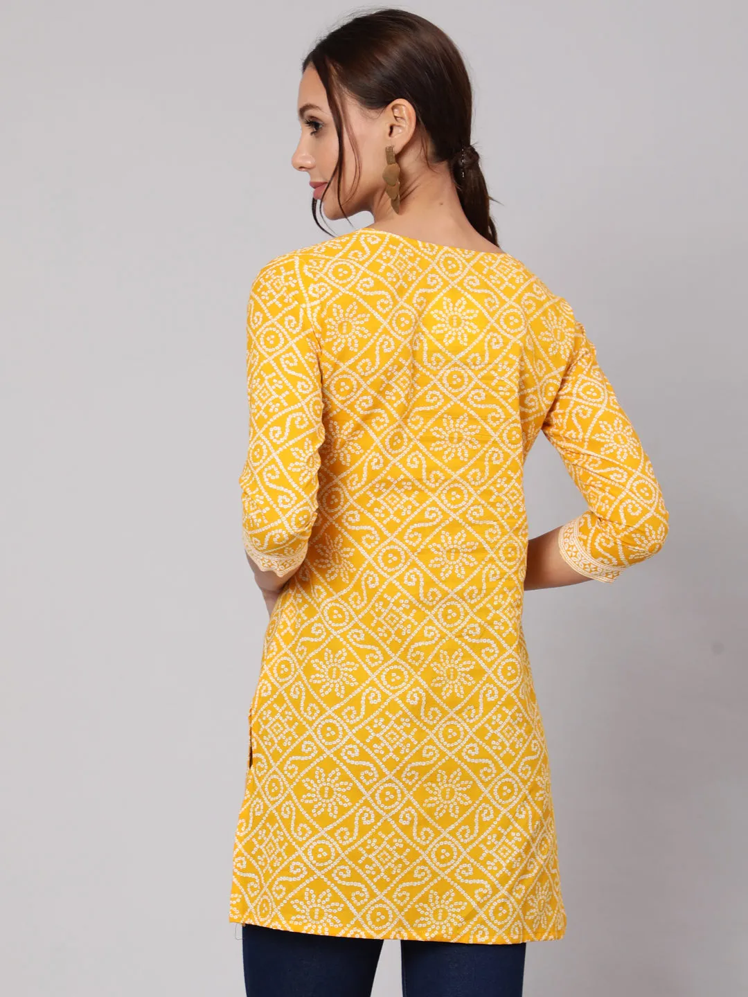 Women Yellow Bandhani Printe Straight Tunic