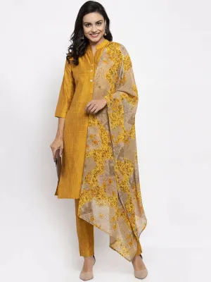 Women Yellow Self-Striped Kurta With Trousers & Floral Gorgette Dupatta