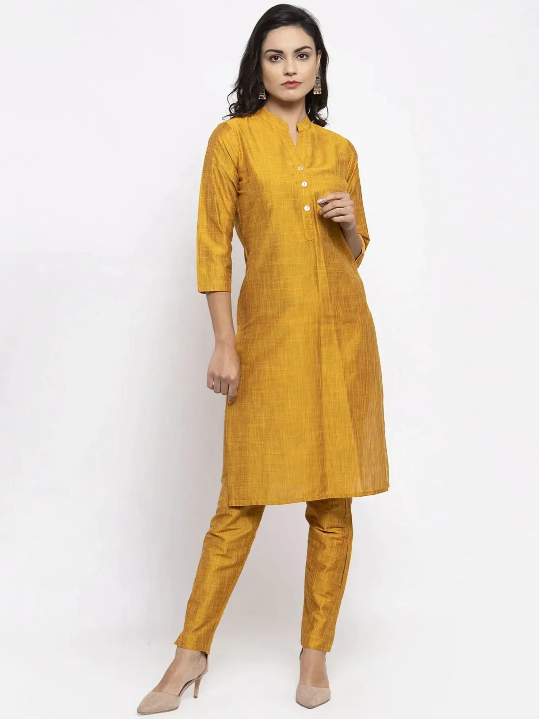 Women Yellow Self-Striped Kurta With Trousers & Gorgette Dupatta