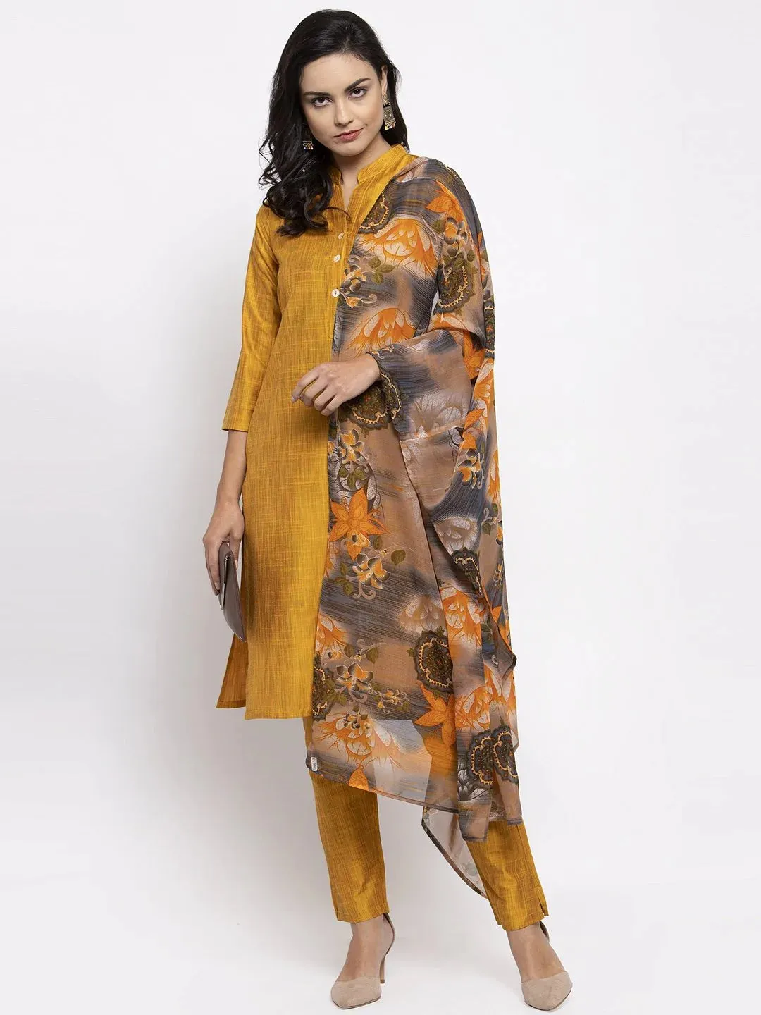 Women Yellow Self-Striped Kurta With Trousers & Gorgette Dupatta