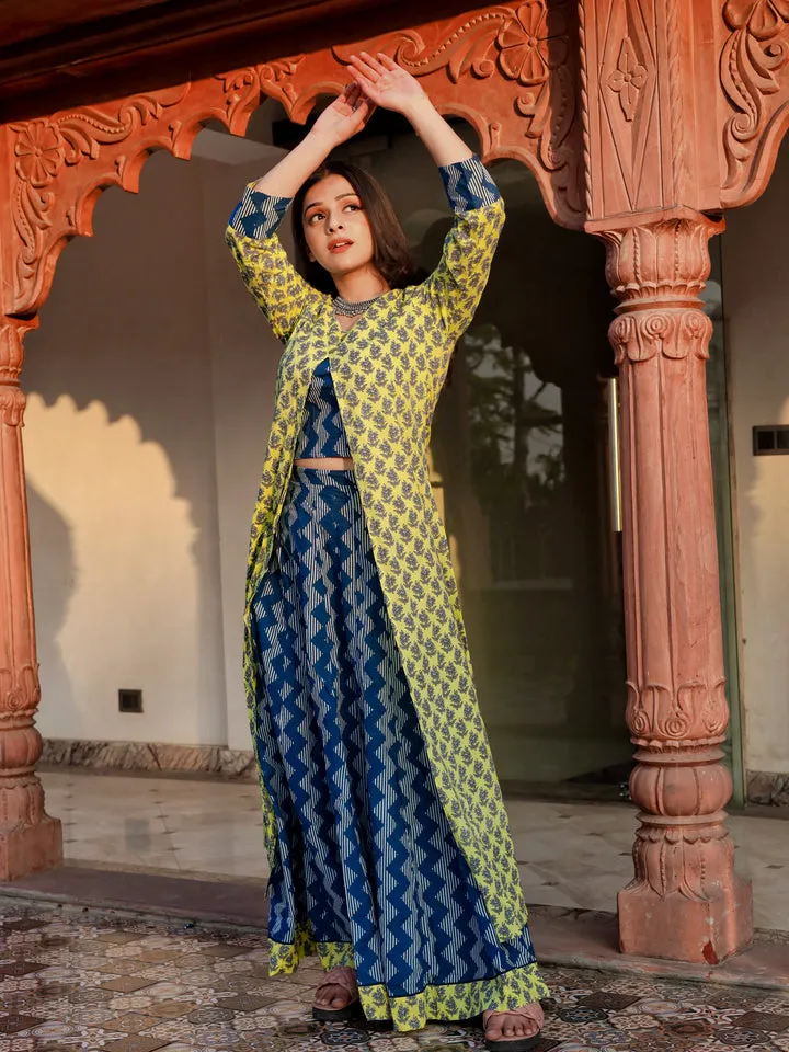 Women Yellow Shurg Style Cotton Kurta With Skirt