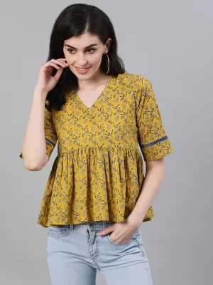 Women Yellow Three-Quarter Sleeves Gathered Or Pleated Top