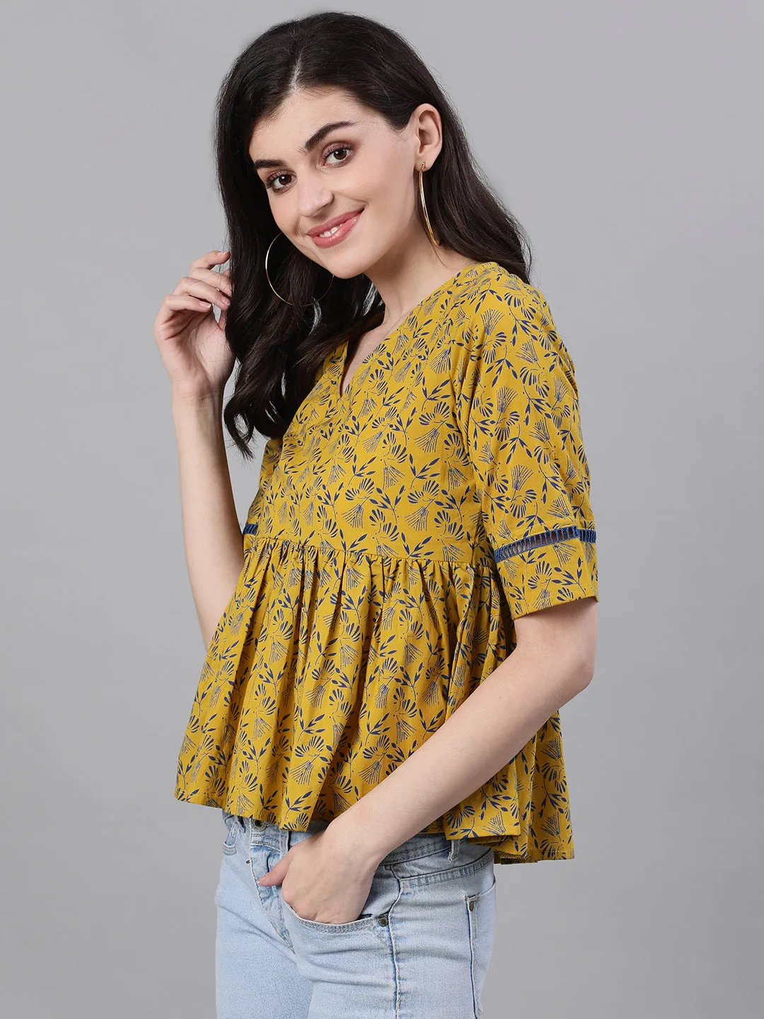 Women Yellow Three-Quarter Sleeves Gathered Or Pleated Top