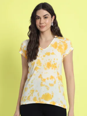 Women Yellow Tie and Dyed V-Neck T-shirt