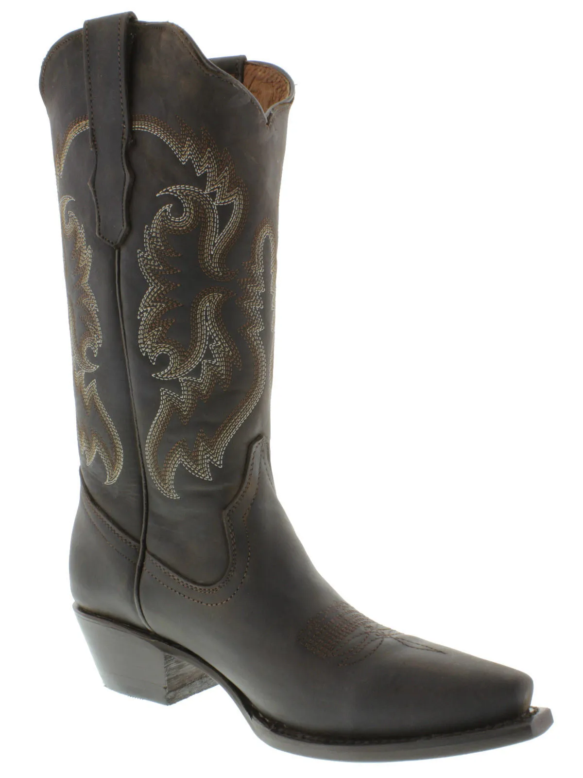 Womens 590 Brown Solid Leather Cowboy Boots - Snip Toe