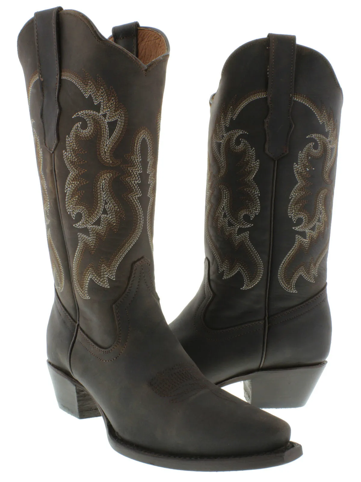 Womens 590 Brown Solid Leather Cowboy Boots - Snip Toe