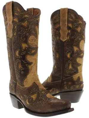 Womens 830 Sand Overlay Leather Cowboy Boots Snip Toe