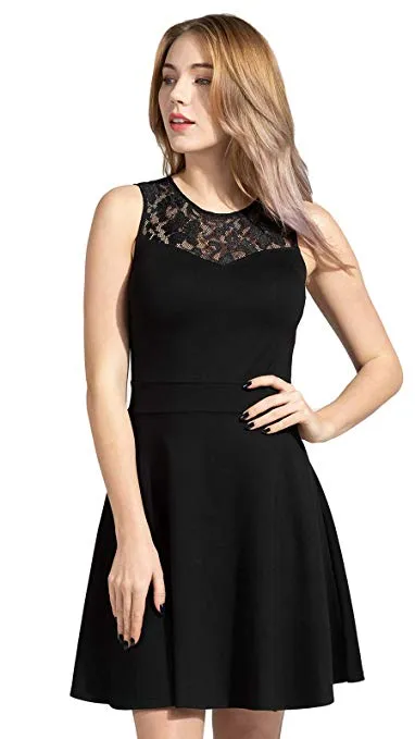 Women's A-Line Pleated Sleeveless Little Cocktail Party Dress with Floral Lace