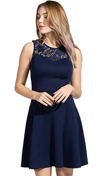 Women's A-Line Pleated Sleeveless Little Cocktail Party Dress with Floral Lace