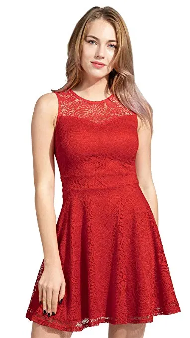 Women's A-Line Pleated Sleeveless Little Cocktail Party Dress with Floral Lace