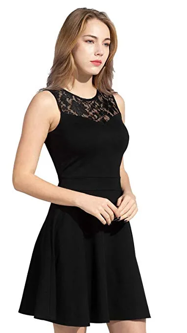 Women's A-Line Pleated Sleeveless Little Cocktail Party Dress with Floral Lace