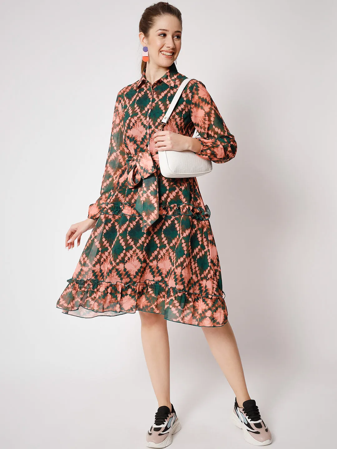 Women's Abstract Printed  Fit & Flare Dress With Belt