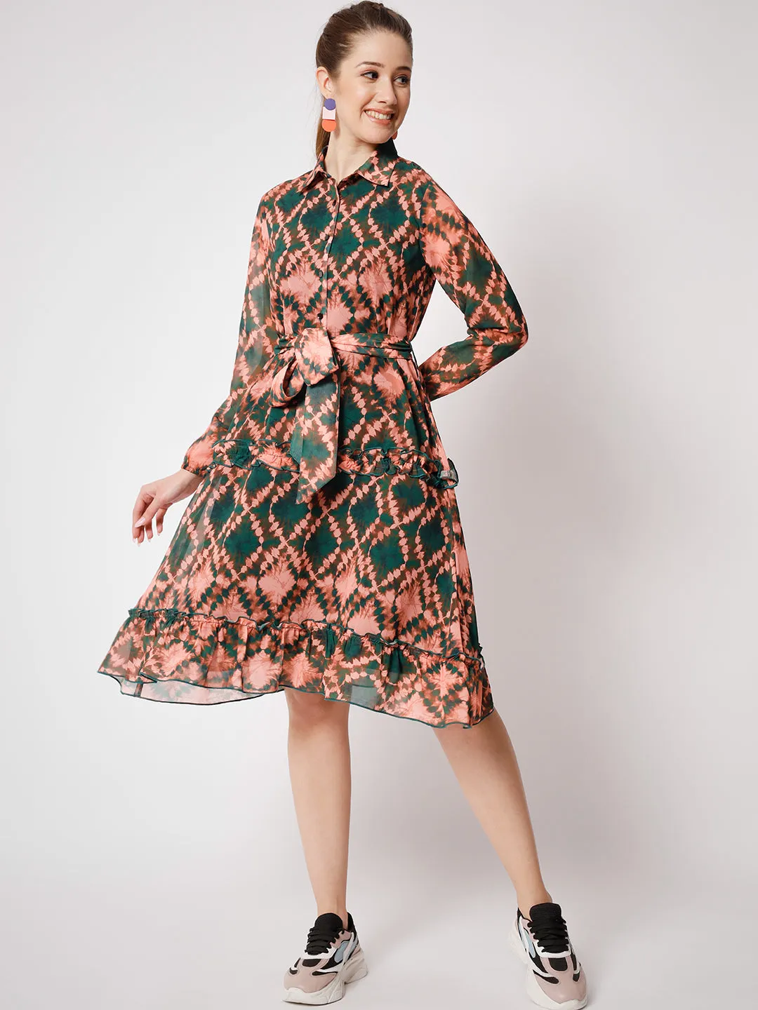 Women's Abstract Printed  Fit & Flare Dress With Belt