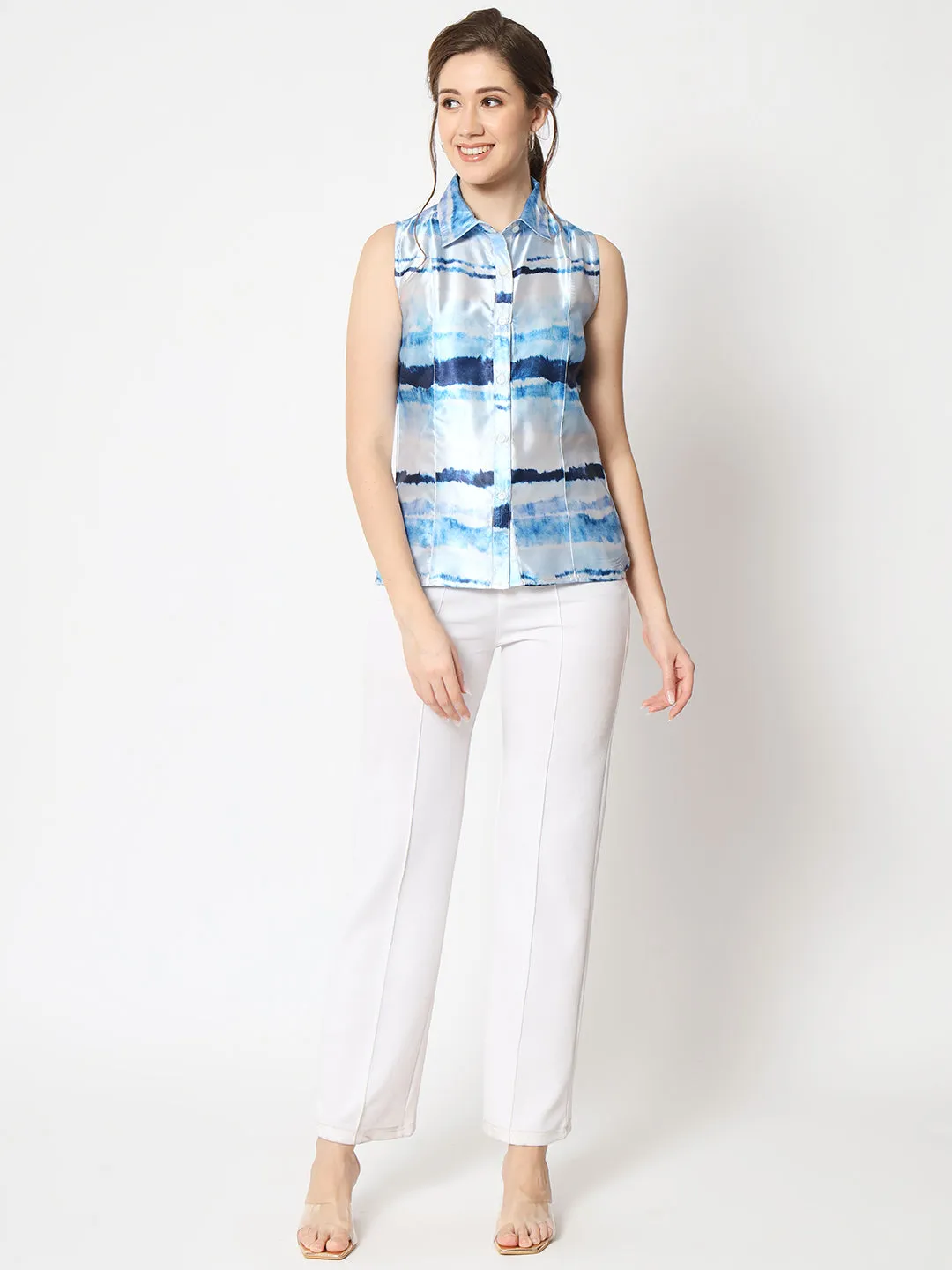 Women's Abstract Printed Sleeveless Shirt Style Top