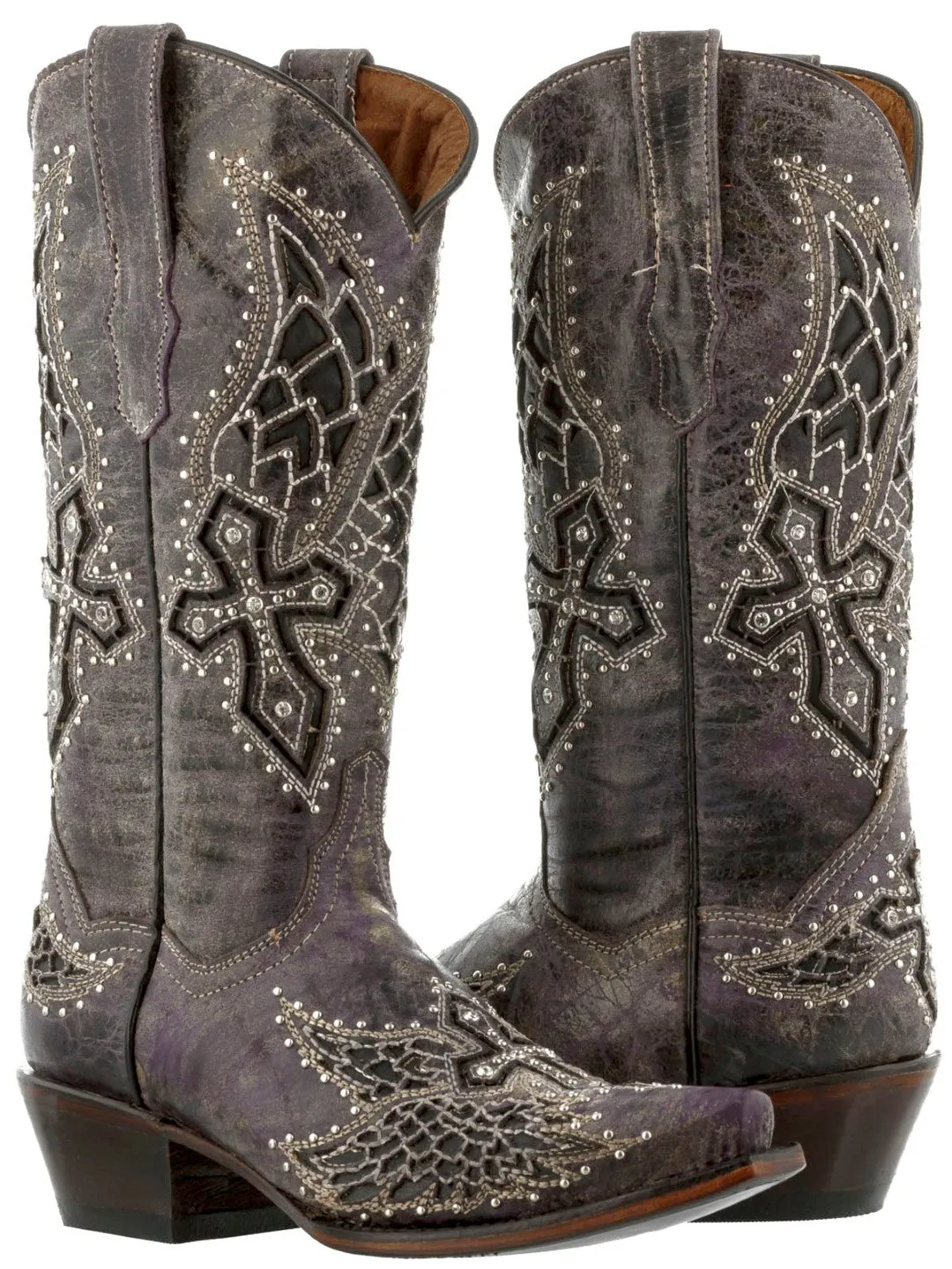 Womens Alas46 Purple Cross & Wings Western Cowboy Boots - Snip Toe