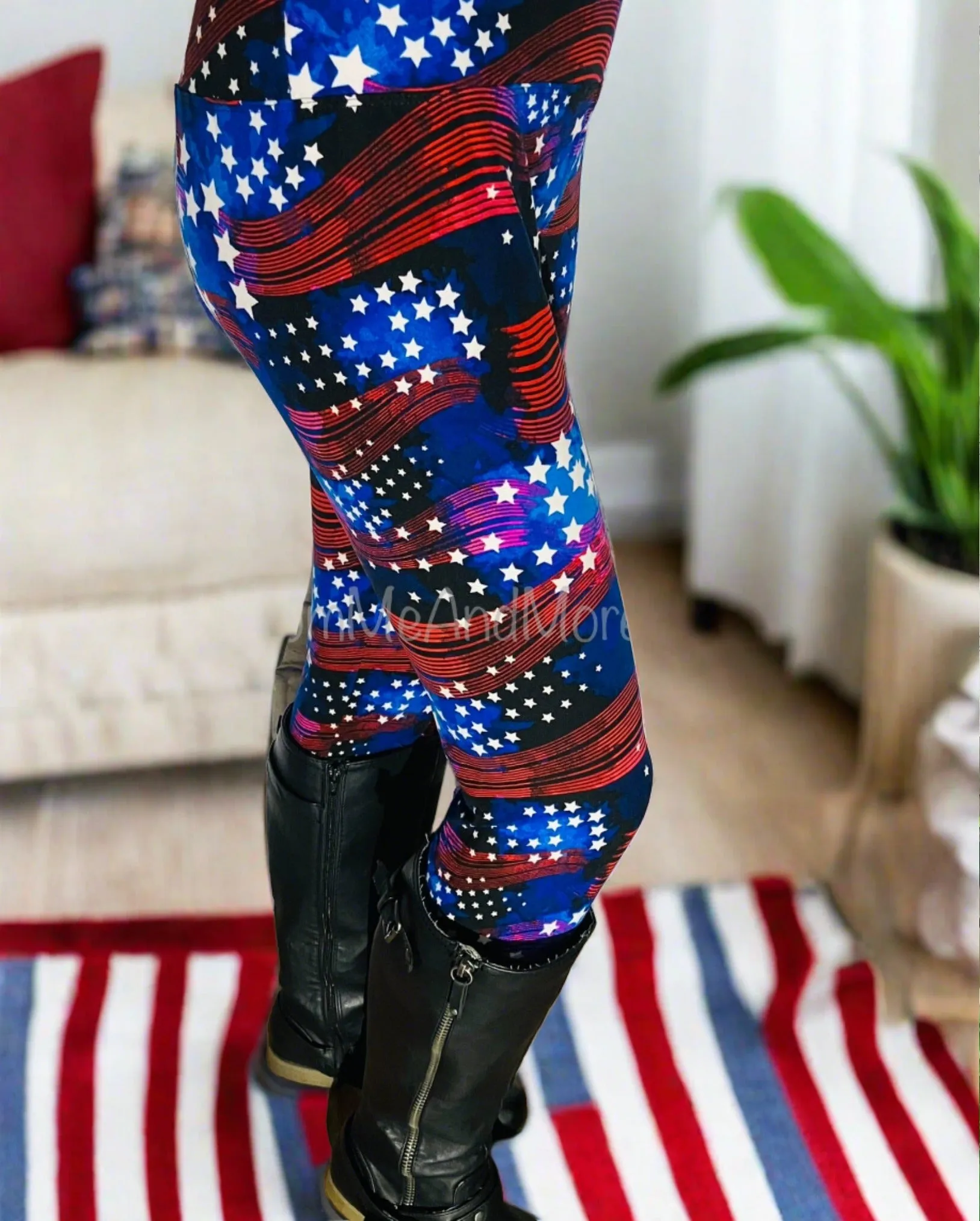 Womens American Flag Leggings, Patriotic 4th of July Pants, Sizes 12-20, Yoga Waist, Red/White/Blue